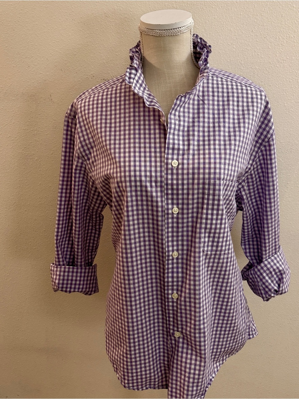 Upcycled ruffle collar shirt, purple check